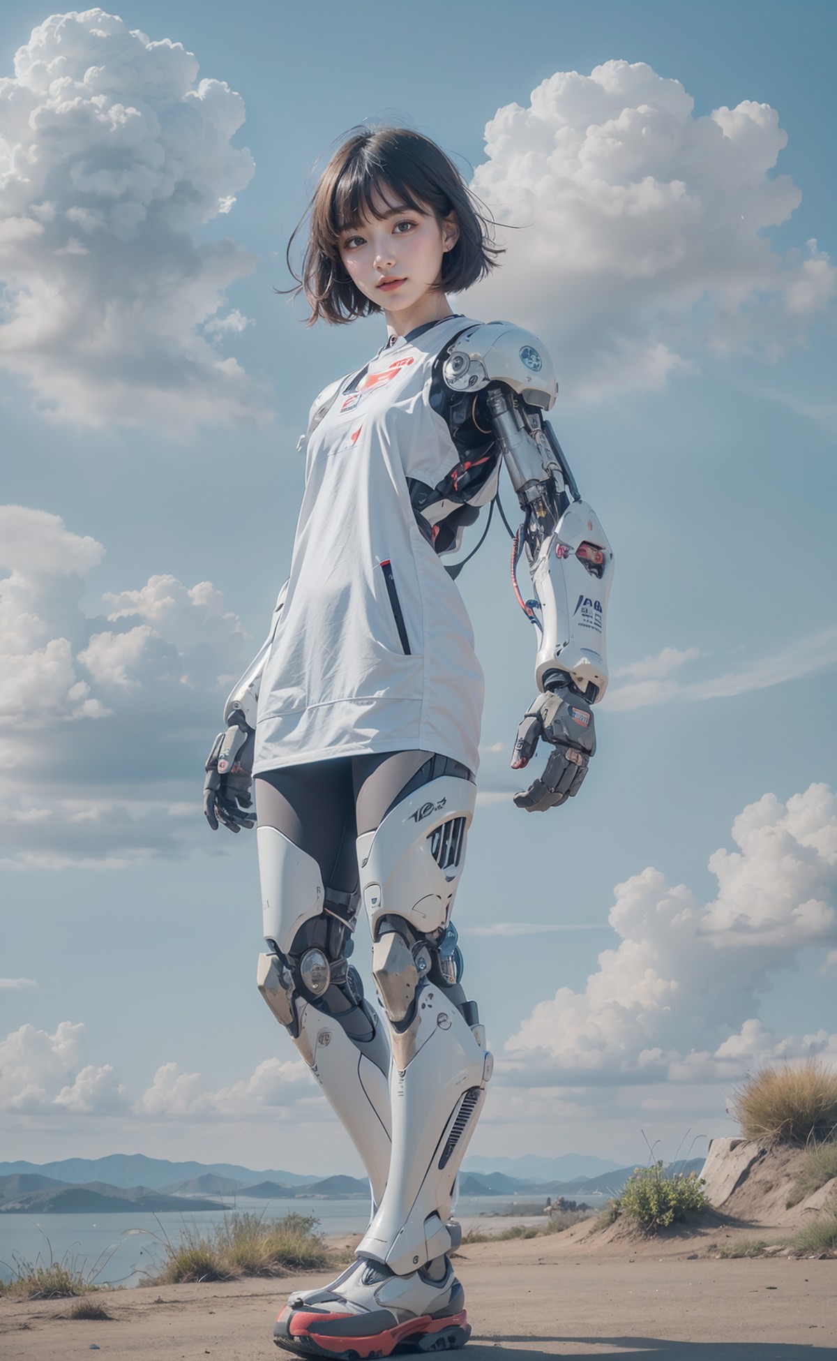 1girl, solo, short hair, black hair,looking at viewer, android, bangs, single mechanical arm,cyborg, science fiction,
outd...